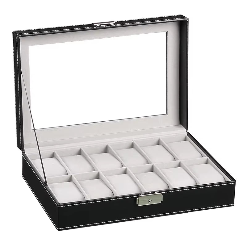 Wellzone Glass Lid PU Leather Watches Display Case Storage Boxes Mens Watch Organizer Multiple Slots Watch Box for Men