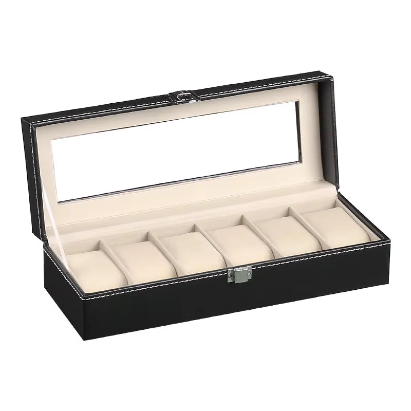 Wellzone Glass Lid PU Leather Watches Display Case Storage Boxes Mens Watch Organizer Multiple Slots Watch Box for Men