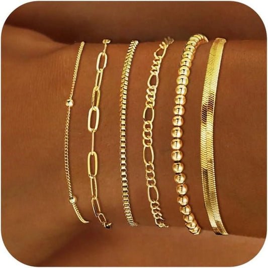 Gold Chain Bracelets for Women Trendy, Waterproof 14K Real Gold Plated Jewelry Sets Fashion Stackable Beaded Figaro Herringbone Paperclip Chain Link Bracelet Pack Stack Gifts for Womens Girl