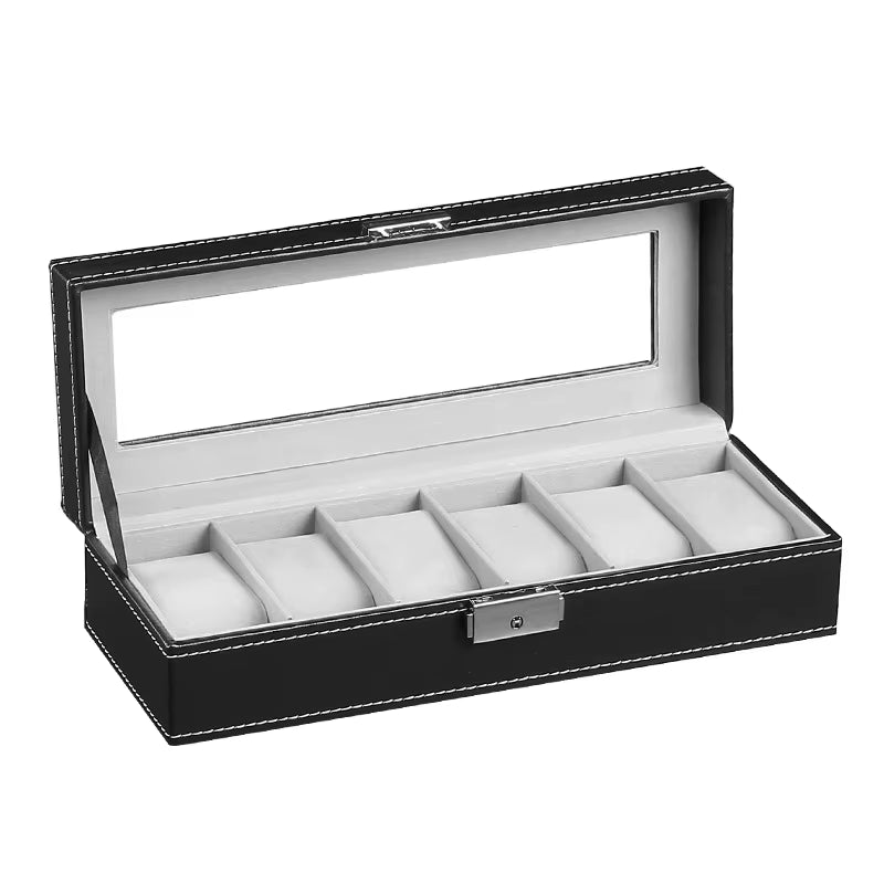 Wellzone Glass Lid PU Leather Watches Display Case Storage Boxes Mens Watch Organizer Multiple Slots Watch Box for Men