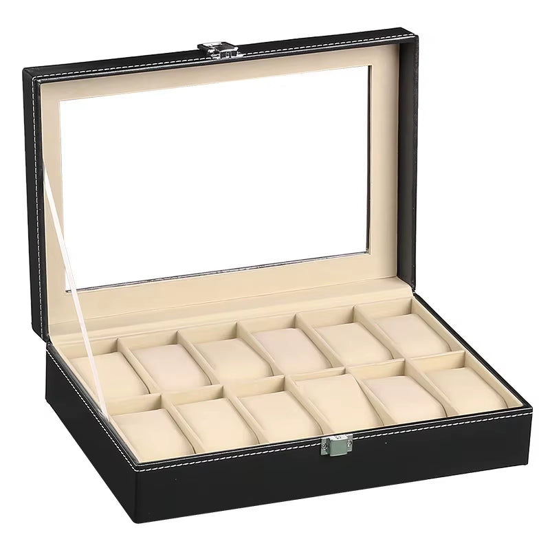 Wellzone Glass Lid PU Leather Watches Display Case Storage Boxes Mens Watch Organizer Multiple Slots Watch Box for Men