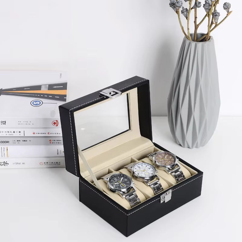 Wellzone Glass Lid PU Leather Watches Display Case Storage Boxes Mens Watch Organizer Multiple Slots Watch Box for Men