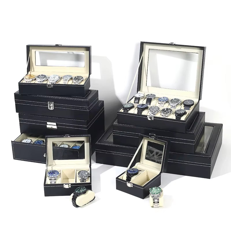 Wellzone Glass Lid PU Leather Watches Display Case Storage Boxes Mens Watch Organizer Multiple Slots Watch Box for Men