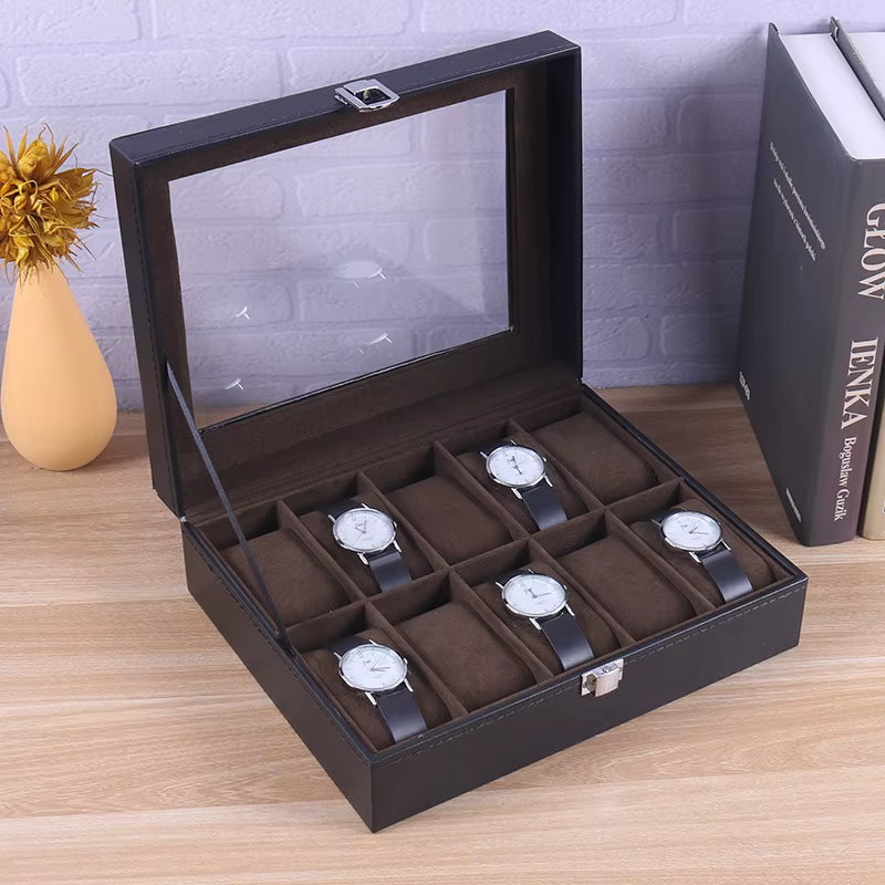 Wellzone Glass Lid PU Leather Watches Display Case Storage Boxes Mens Watch Organizer Multiple Slots Watch Box for Men