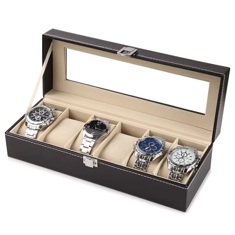 Wellzone Glass Lid PU Leather Watches Display Case Storage Boxes Mens Watch Organizer Multiple Slots Watch Box for Men